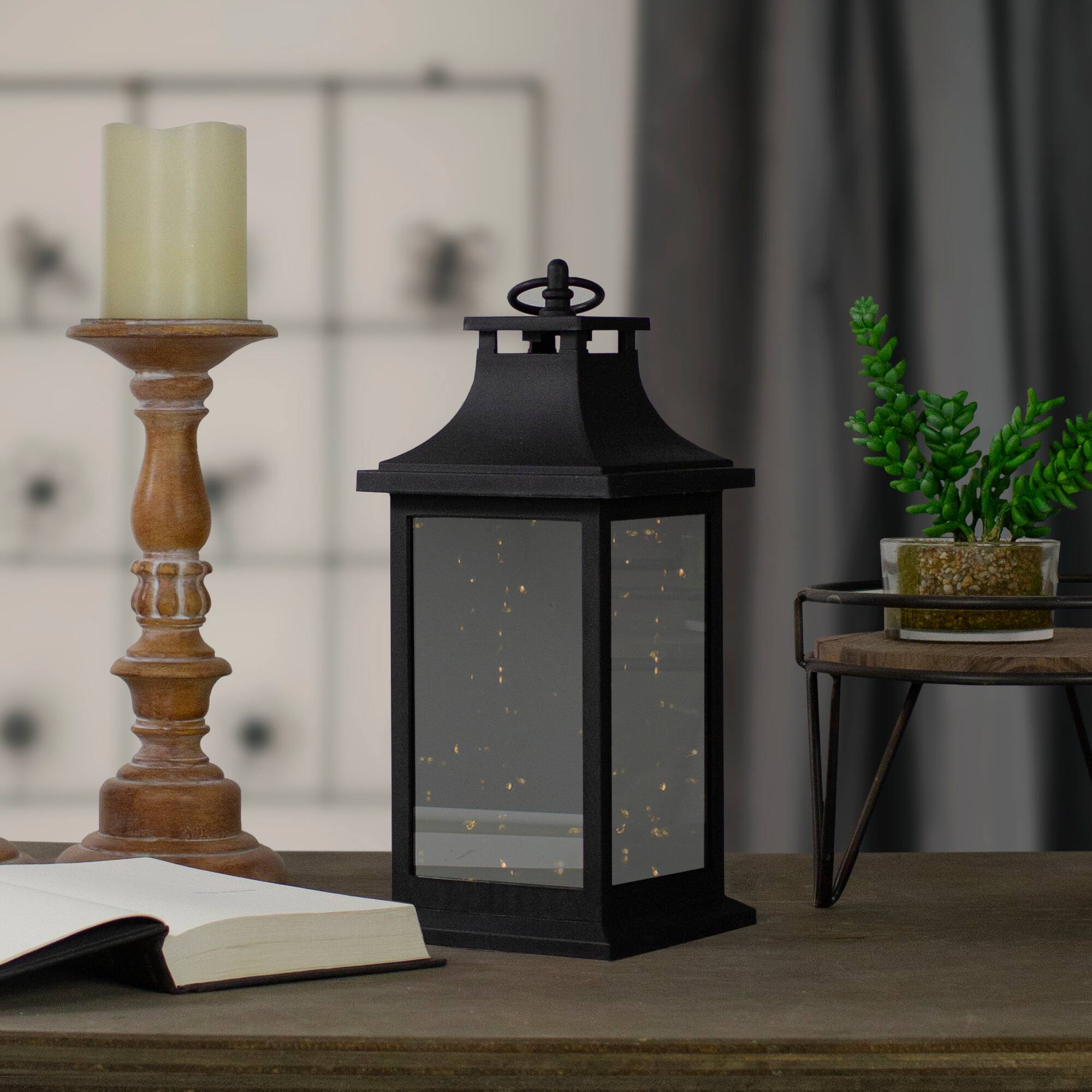 12" Black LED Lantern with Flickering Light